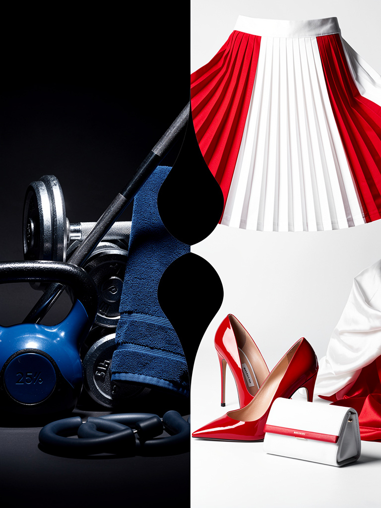 Two tracks one journey - gym equipment transforming into feminine fashion through an hourglass silhouette